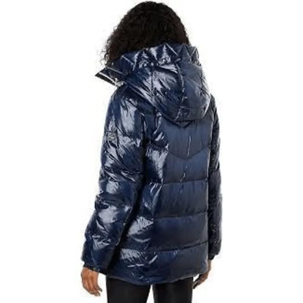 Kate Spade‎ Women's NWT Blue Metallic Hooded Zip Front Down Jacket Coat Large